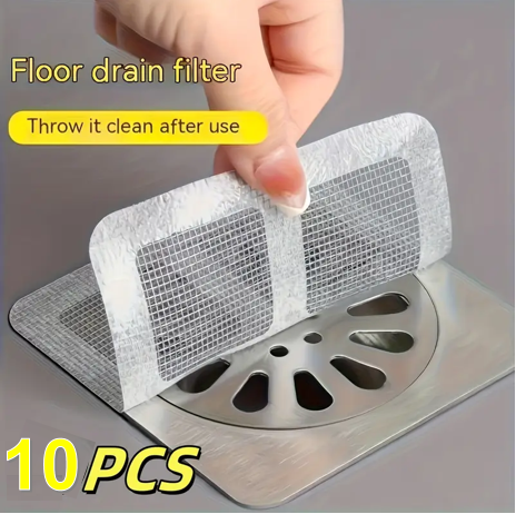 10pcs Disposable Shower Drain Hair Catcher Stickers - Easy-to-Use Plastic Mesh Filter Covers For Bathroom & Bathtub, Efficient Hair & Debris Blocker For Sink And Floor Drains