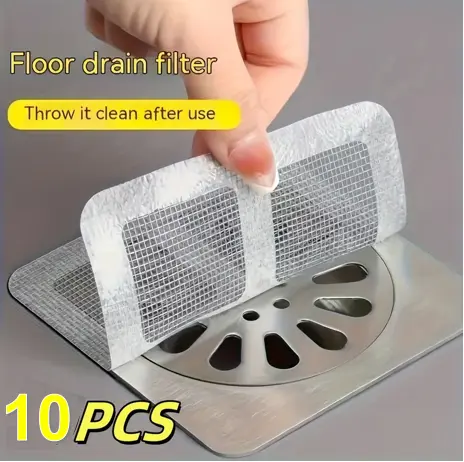 10pcs Disposable Shower Drain Hair Catcher Stickers - Easy-to-Use Plastic Mesh Filter Covers For Bathroom & Bathtub, Efficient Hair & Debris Blocker For Sink And Floor Drains