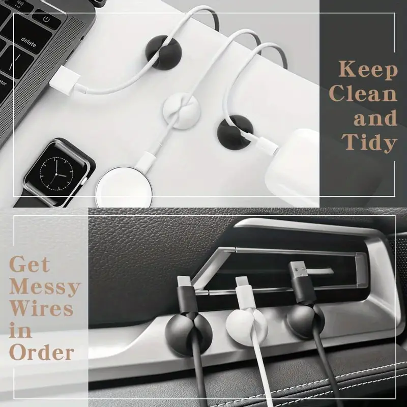 6/10 pcs Acrylic Cable Clip, Adhesive Charger Cord Holder - Wire Organizer for Desk, Wall, Car, Nightstand and Office Cable Management, Black White
