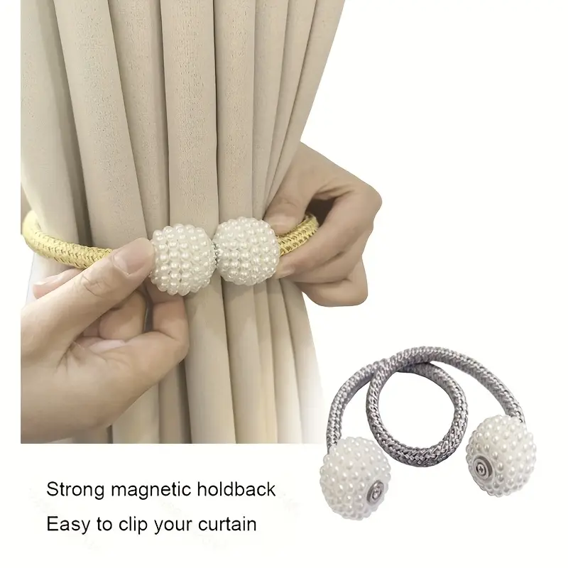 2 pcs Magnetic Pearl Curtain Tiebacks | Effortless No-Tools Installation, Instantly Elevate Your Living Room & Bedroom Decor | Luxury Drapery Holdbacks with Mini Artificial