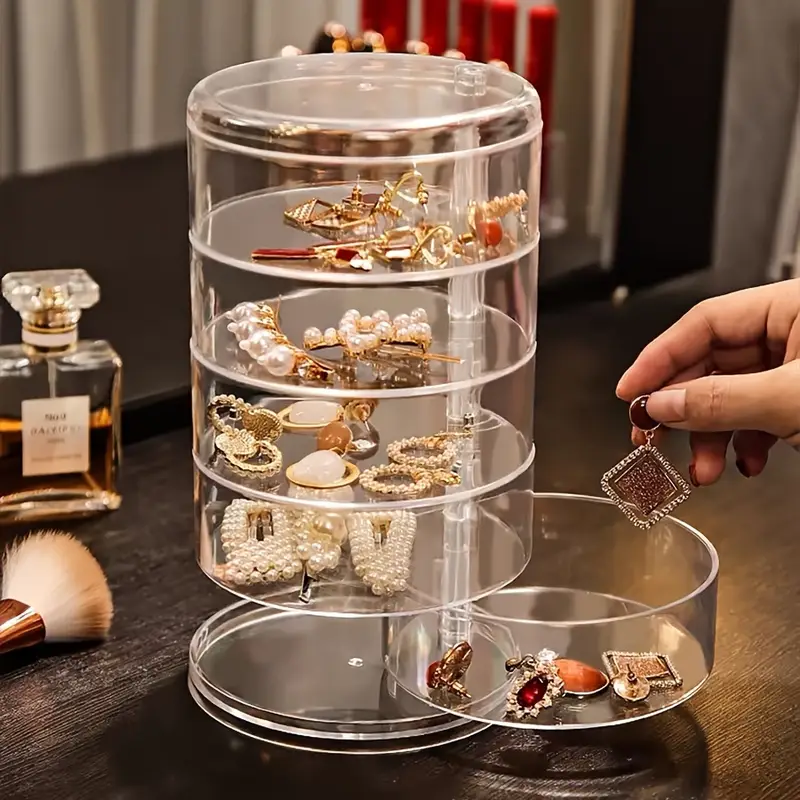 1Pcs Rotating Jewelry Storage Box | Round Plastic Organizer for Earrings, Bracelets & Makeup | 360° Swivel Display Rack | Aesthetic Home Decor for Bedroom, Bathroom & Kitchen