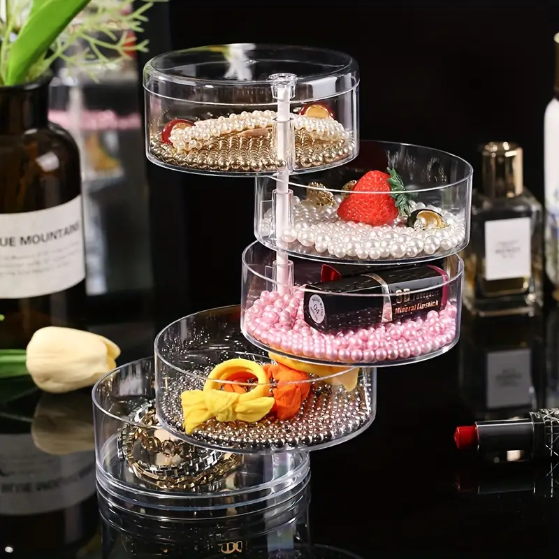 1Pcs Rotating Jewelry Storage Box | Round Plastic Organizer for Earrings, Bracelets & Makeup | 360° Swivel Display Rack | Aesthetic Home Decor for Bedroom, Bathroom & Kitchen