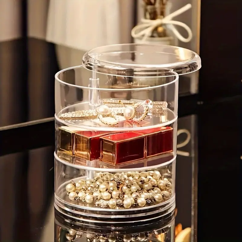 1Pcs Rotating Jewelry Storage Box | Round Plastic Organizer for Earrings, Bracelets & Makeup | 360° Swivel Display Rack | Aesthetic Home Decor for Bedroom, Bathroom & Kitchen