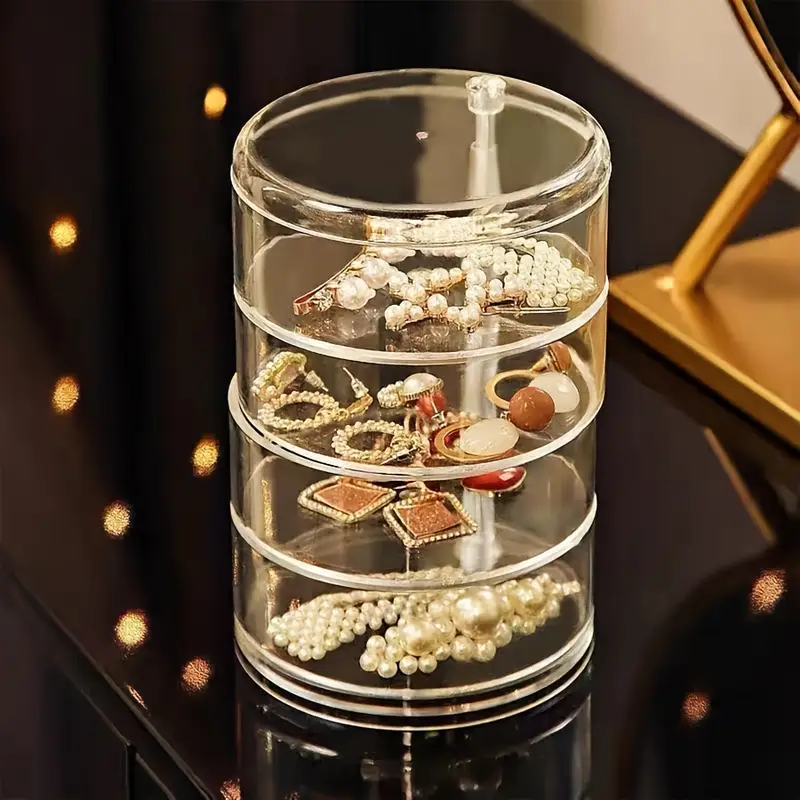 1Pcs Rotating Jewelry Storage Box | Round Plastic Organizer for Earrings, Bracelets & Makeup | 360° Swivel Display Rack | Aesthetic Home Decor for Bedroom, Bathroom & Kitchen