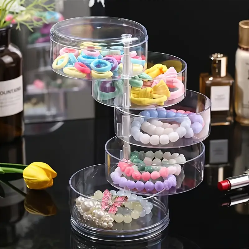 1Pcs Rotating Jewelry Storage Box | Round Plastic Organizer for Earrings, Bracelets & Makeup | 360° Swivel Display Rack | Aesthetic Home Decor for Bedroom, Bathroom & Kitchen