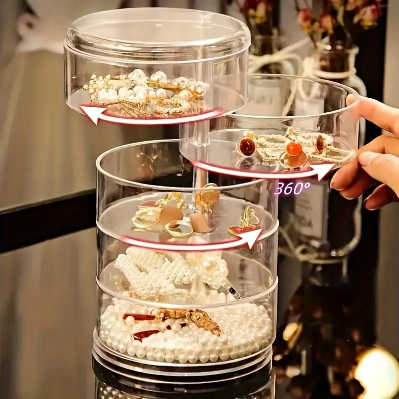1Pcs Rotating Jewelry Storage Box | Round Plastic Organizer for Earrings, Bracelets & Makeup | 360° Swivel Display Rack | Aesthetic Home Decor for Bedroom, Bathroom & Kitchen