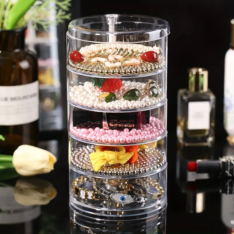 1Pcs Rotating Jewelry Storage Box | Round Plastic Organizer for Earrings, Bracelets & Makeup | 360° Swivel Display Rack | Aesthetic Home Decor for Bedroom, Bathroom & Kitchen