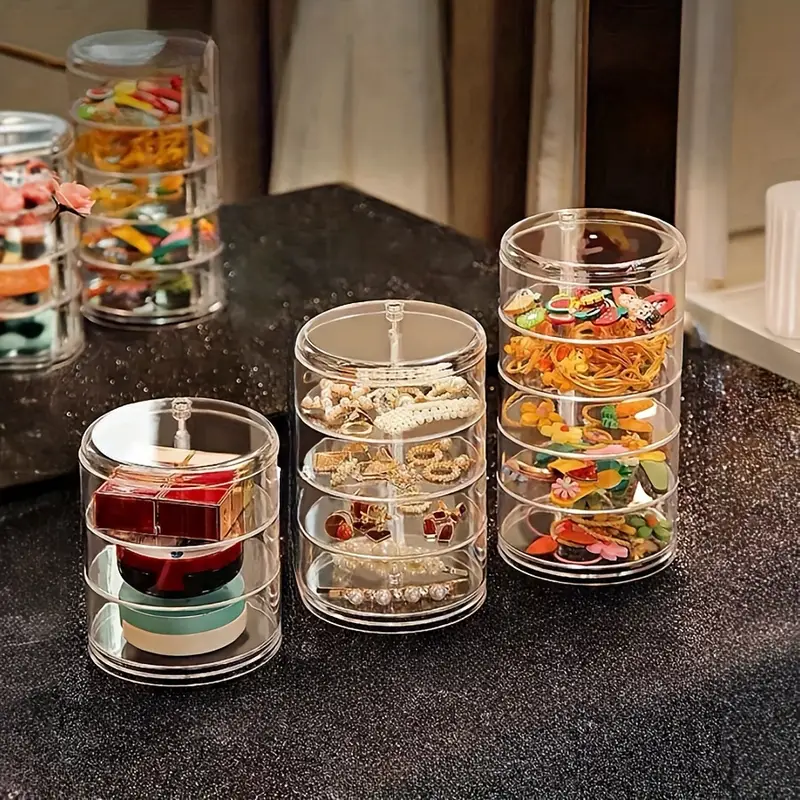 1Pcs Rotating Jewelry Storage Box | Round Plastic Organizer for Earrings, Bracelets & Makeup | 360° Swivel Display Rack | Aesthetic Home Decor for Bedroom, Bathroom & Kitchen
