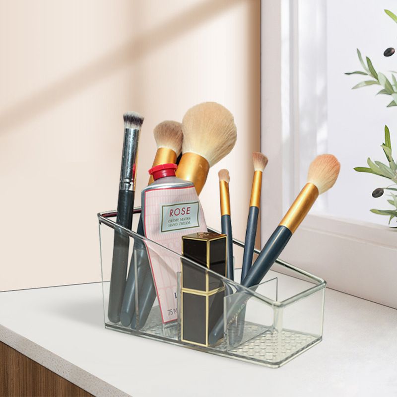 1PCS Transparent Plastic Multi-Functional Organizer | Remote Control Holder + Desk Storage Box | 4-Level Makeup Brush Rack + Pen Holder | Home Office School Universal Desktop Organizer
