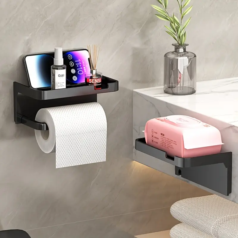1PCS No-Drill Plastic Toilet Paper Holder | Wall-Mounted Drawer Roll Paper Rack | with Phone Stand Anti-Fall Design