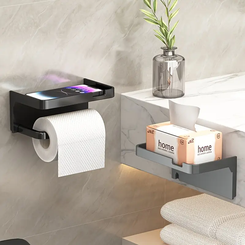 1PCS No-Drill Plastic Toilet Paper Holder | Wall-Mounted Drawer Roll Paper Rack | with Phone Stand Anti-Fall Design