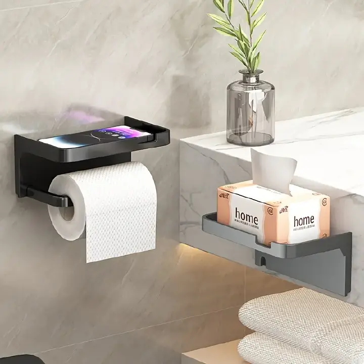 1PCS No-Drill Plastic Toilet Paper Holder | Wall-Mounted Drawer Roll Paper Rack | with Phone Stand Anti-Fall Design