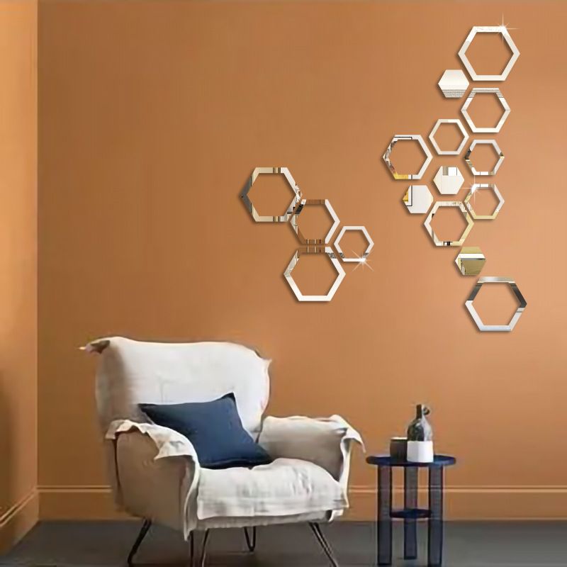 [Lowest Price in History] 24pcs 3D Hexagon Glam Wall Mirror Stickers - Self-Adhesive Acrylic with Polished Finish, Irregular Vertical Design, Home & Bedroom Decor