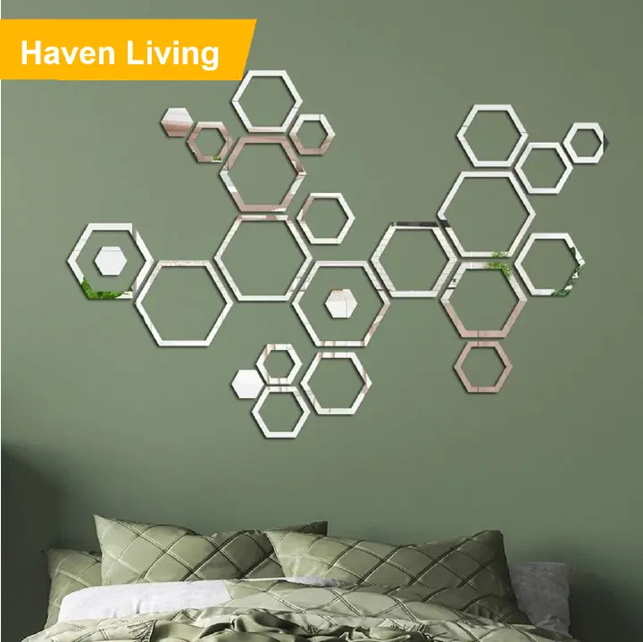[Lowest Price in History] 24pcs 3D Hexagon Glam Wall Mirror Stickers - Self-Adhesive Acrylic with Polished Finish, Irregular Vertical Design, Home & Bedroom Decor