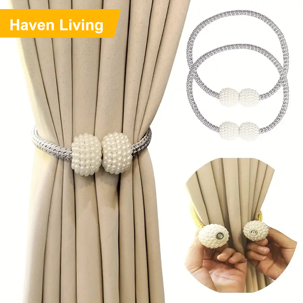 2 pcs Magnetic Pearl Curtain Tiebacks | Effortless No-Tools Installation, Instantly Elevate Your Living Room & Bedroom Decor | Luxury Drapery Holdbacks with Mini Artificial
