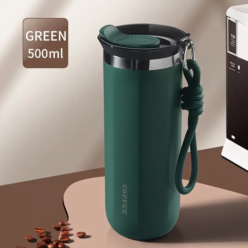 1pcs 500ml Double-Walled Stainless Steel Vacuum Insulated Travel Tumbler - Leakproof Lanyard Coffee Cup for Hot/Cold Drinks, Portable Office/Outdoor Gift