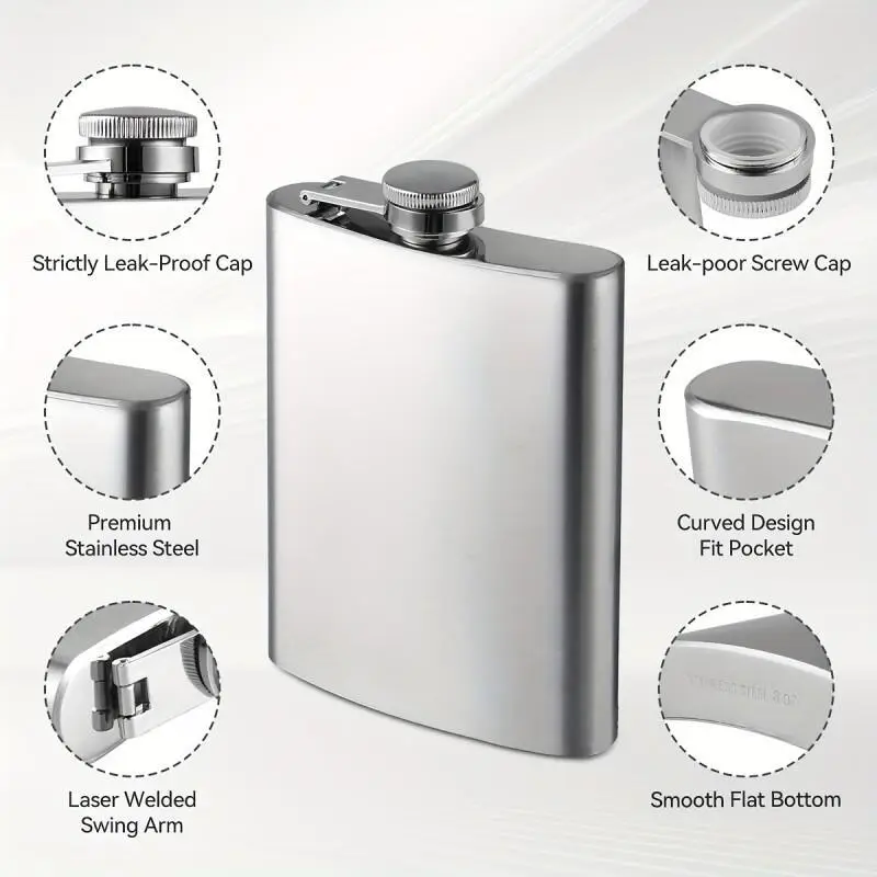 1pcs Portable Barware 230ml/300ml Stainless Steel Hip Flask Set - Leak-Proof with Funnel, Unisex for Whisky/Wine, Outdoor & Gifting