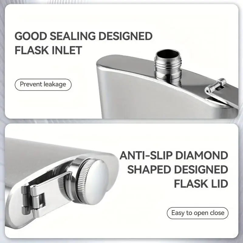 1pcs Portable Barware 230ml/300ml Stainless Steel Hip Flask Set - Leak-Proof with Funnel, Unisex for Whisky/Wine, Outdoor & Gifting