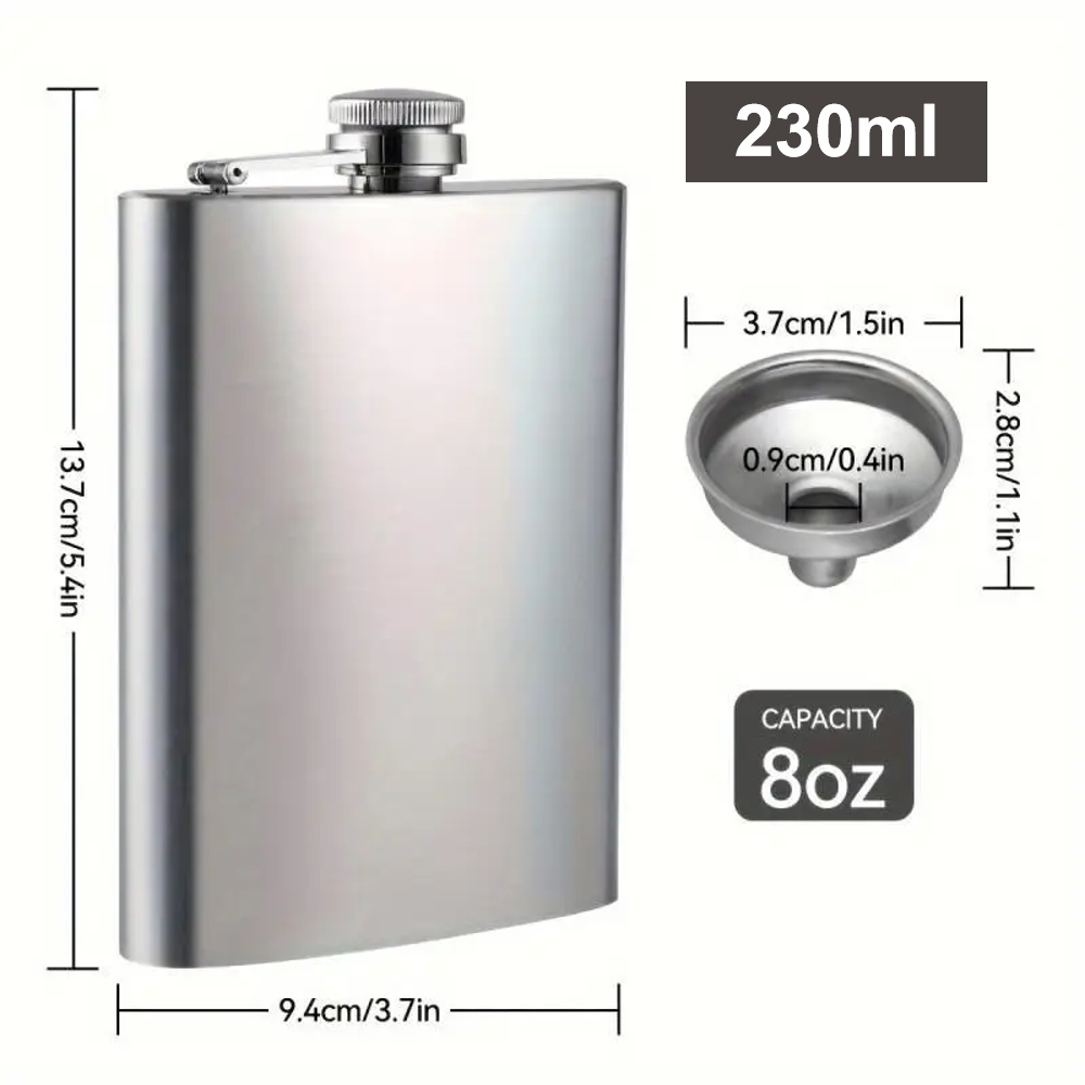 1pcs Portable Barware 230ml/300ml Stainless Steel Hip Flask Set - Leak-Proof with Funnel, Unisex for Whisky/Wine, Outdoor & Gifting