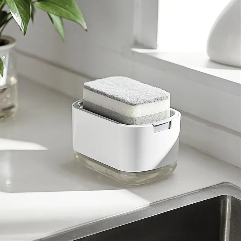 1pcs Manual Press Soap Dispenser with Dishwashing Sponge - Double Layer Storage Box, High-Density Foam Dispenser, Kitchen Cleaning Tool