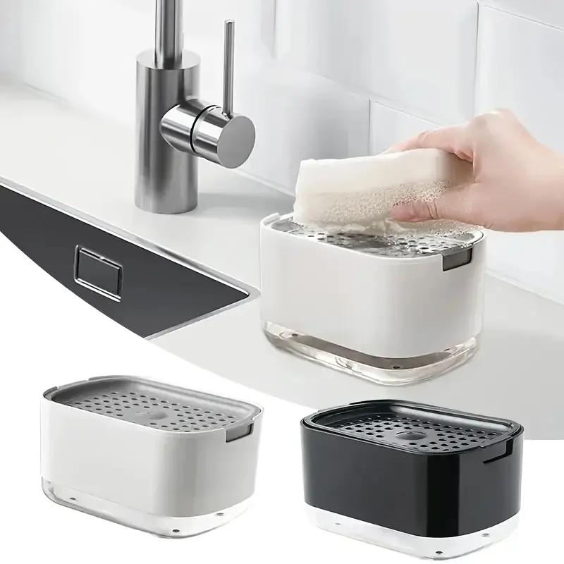 1pcs Manual Press Soap Dispenser with Dishwashing Sponge - Double Layer Storage Box, High-Density Foam Dispenser, Kitchen Cleaning Tool