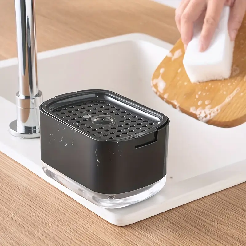 1pcs Manual Press Soap Dispenser with Dishwashing Sponge - Double Layer Storage Box, High-Density Foam Dispenser, Kitchen Cleaning Tool