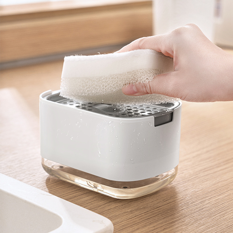 1pcs Manual Press Soap Dispenser with Dishwashing Sponge - Double Layer Storage Box, High-Density Foam Dispenser, Kitchen Cleaning Tool
