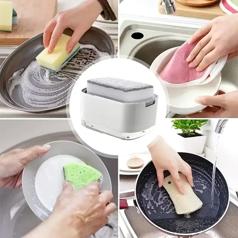 1pcs Manual Press Soap Dispenser with Dishwashing Sponge - Double Layer Storage Box, High-Density Foam Dispenser, Kitchen Cleaning Tool