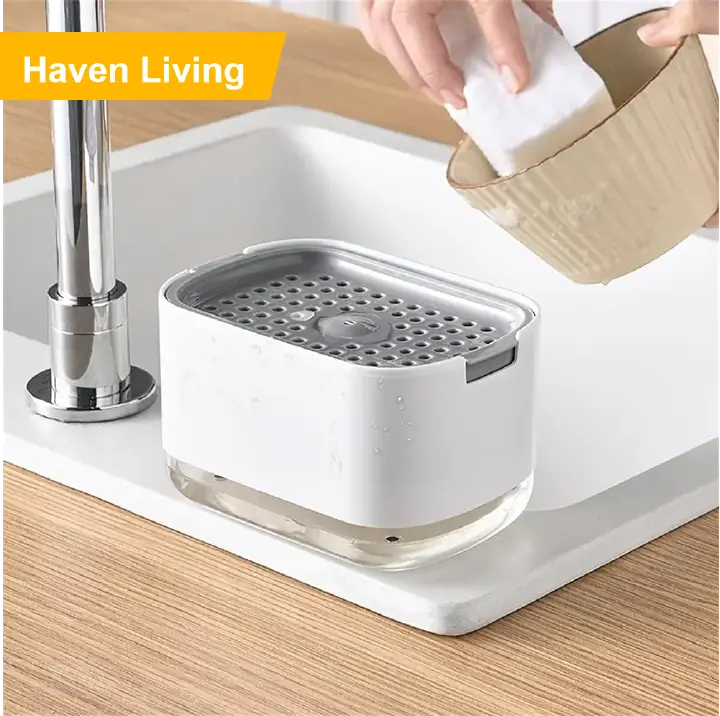 1pcs Manual Press Soap Dispenser with Dishwashing Sponge - Double Layer Storage Box, High-Density Foam Dispenser, Kitchen Cleaning Tool