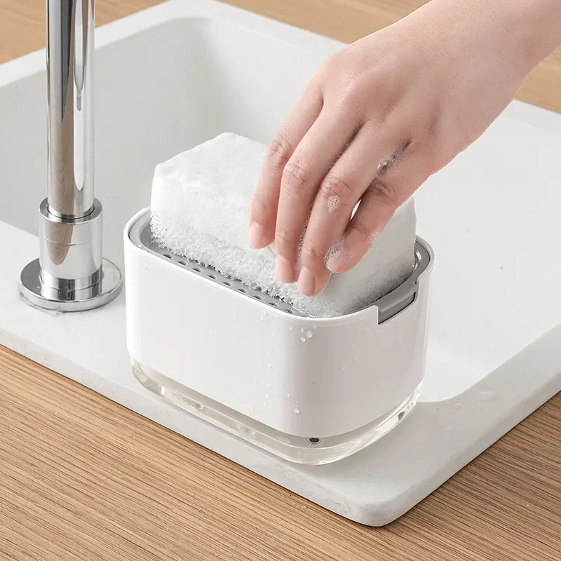 1pcs Manual Press Soap Dispenser with Dishwashing Sponge - Double Layer Storage Box, High-Density Foam Dispenser, Kitchen Cleaning Tool