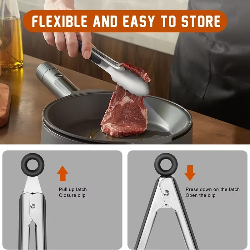 Professional Heavy-Duty Cooking Tongs|Easy Store& Easy-Clean | Heat-Resistant Stainless Steel with Lock & Silicone Grip for BBQ, Camping & Picnic