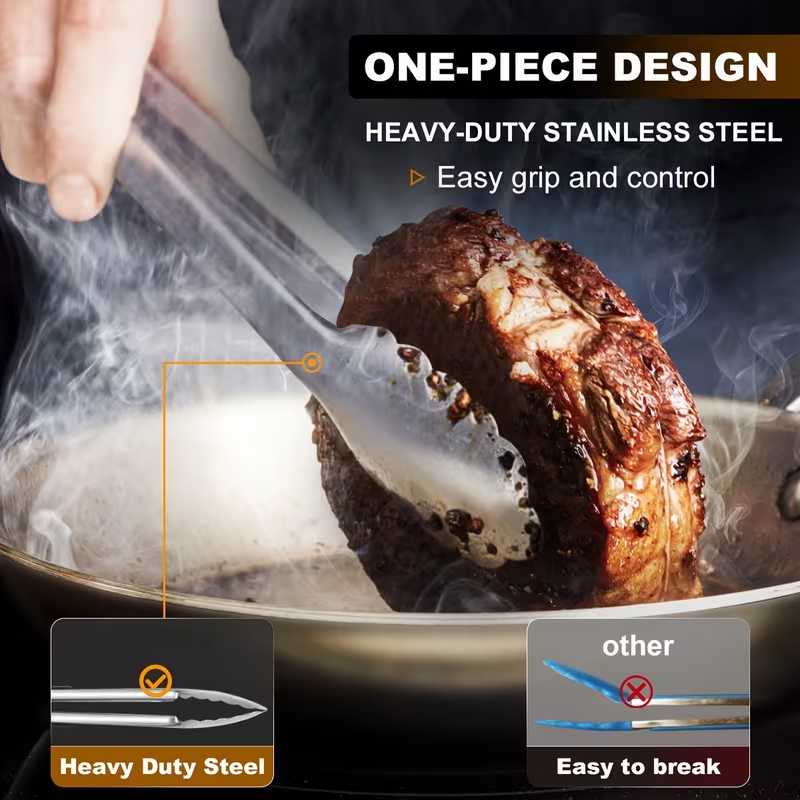 Professional Heavy-Duty Cooking Tongs|Easy Store& Easy-Clean | Heat-Resistant Stainless Steel with Lock & Silicone Grip for BBQ, Camping & Picnic