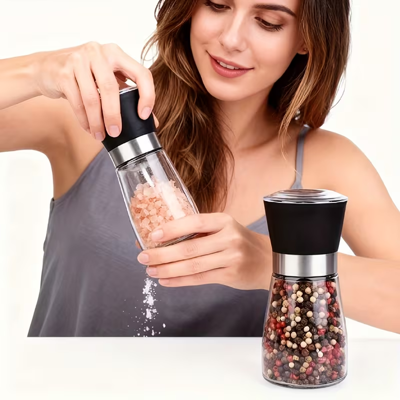 180ml Refillable Salt & Pepper Grinder – Adjustable Coarseness, Manual Ceramic Mill, Easy-Fill Glass Jar, Perfect for Kitchen Table, Home Cooking & Outdoor Dining