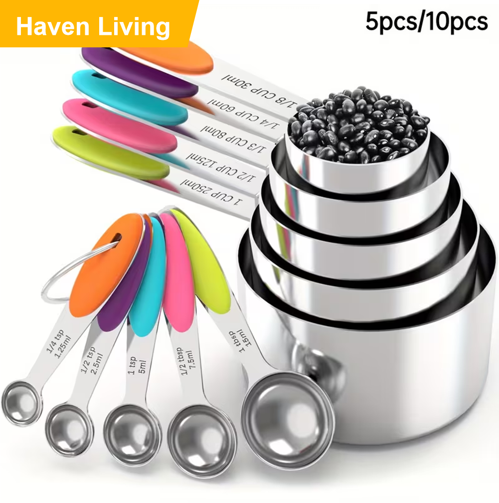 10pcs Stainless Steel Measuring Spoon & Cup Set – Easy-Read Marks, Dishwasher Safe, Space-Saving Magnetic Design, Perfect for Baking, Cooking & Daily Kitchen Prep