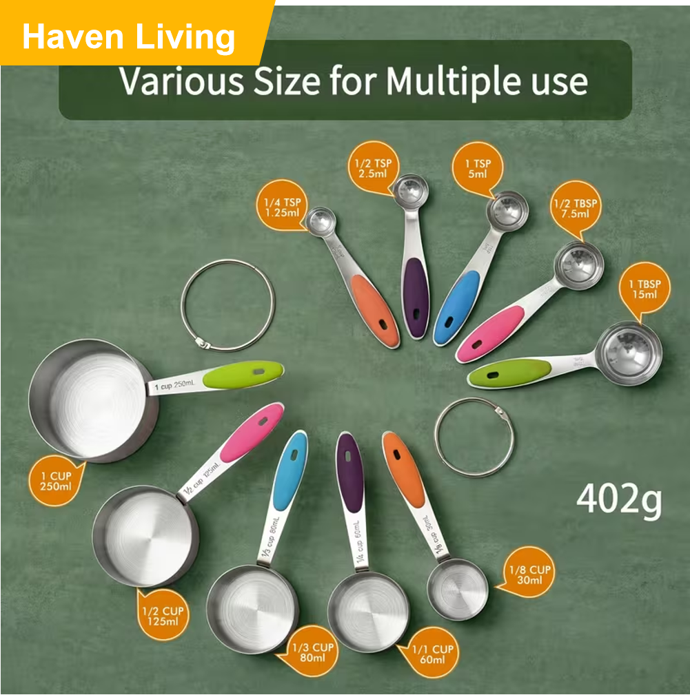 10pcs Stainless Steel Measuring Spoon & Cup Set – Easy-Read Marks, Dishwasher Safe, Space-Saving Magnetic Design, Perfect for Baking, Cooking & Daily Kitchen Prep