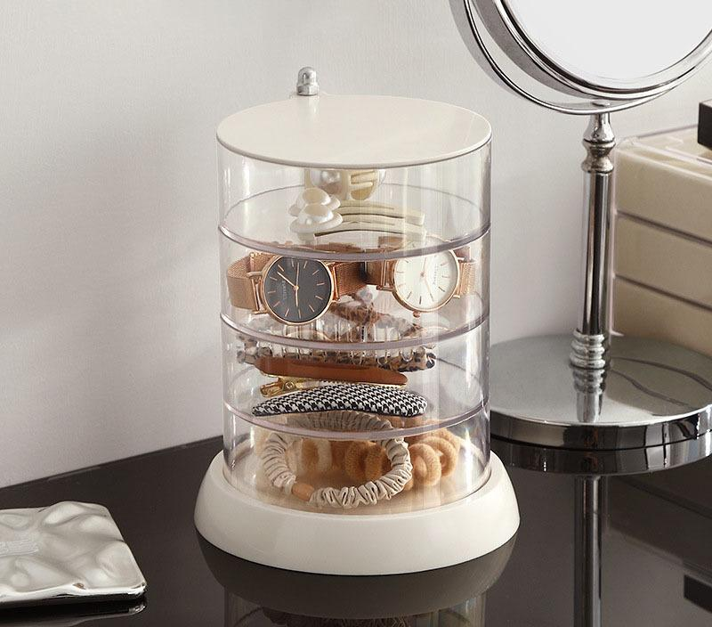 Rotating Jewelry Storage Box | Round Plastic Organizer for Earrings, Bracelets & Makeup | 360° Swivel Display Rack | Aesthetic Home Decor for Bedroom, Bathroom & Kitchen