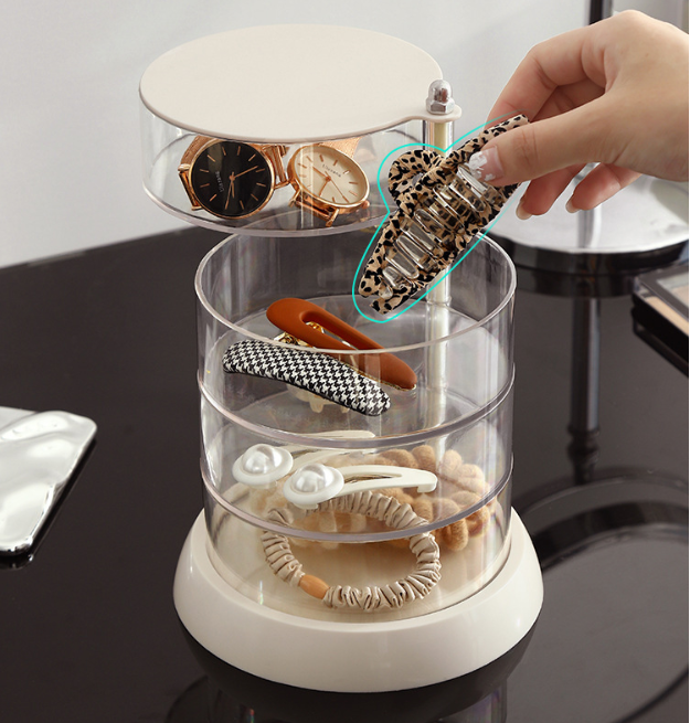 Rotating Jewelry Storage Box | Round Plastic Organizer for Earrings, Bracelets & Makeup | 360° Swivel Display Rack | Aesthetic Home Decor for Bedroom, Bathroom & Kitchen