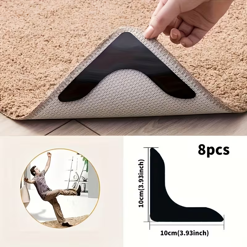 4/8pcs Non-Slip Carpet Stickers for Floors – L-Shape Grippers Keep Rugs Flat & Secure in Living Room, Bathroom & Kitchen | for Tiles & Wood Floors