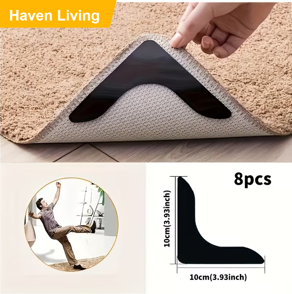 4/8pcs Non-Slip Carpet Stickers for Floors – L-Shape Grippers Keep Rugs Flat & Secure in Living Room, Bathroom & Kitchen | for Tiles & Wood Floors