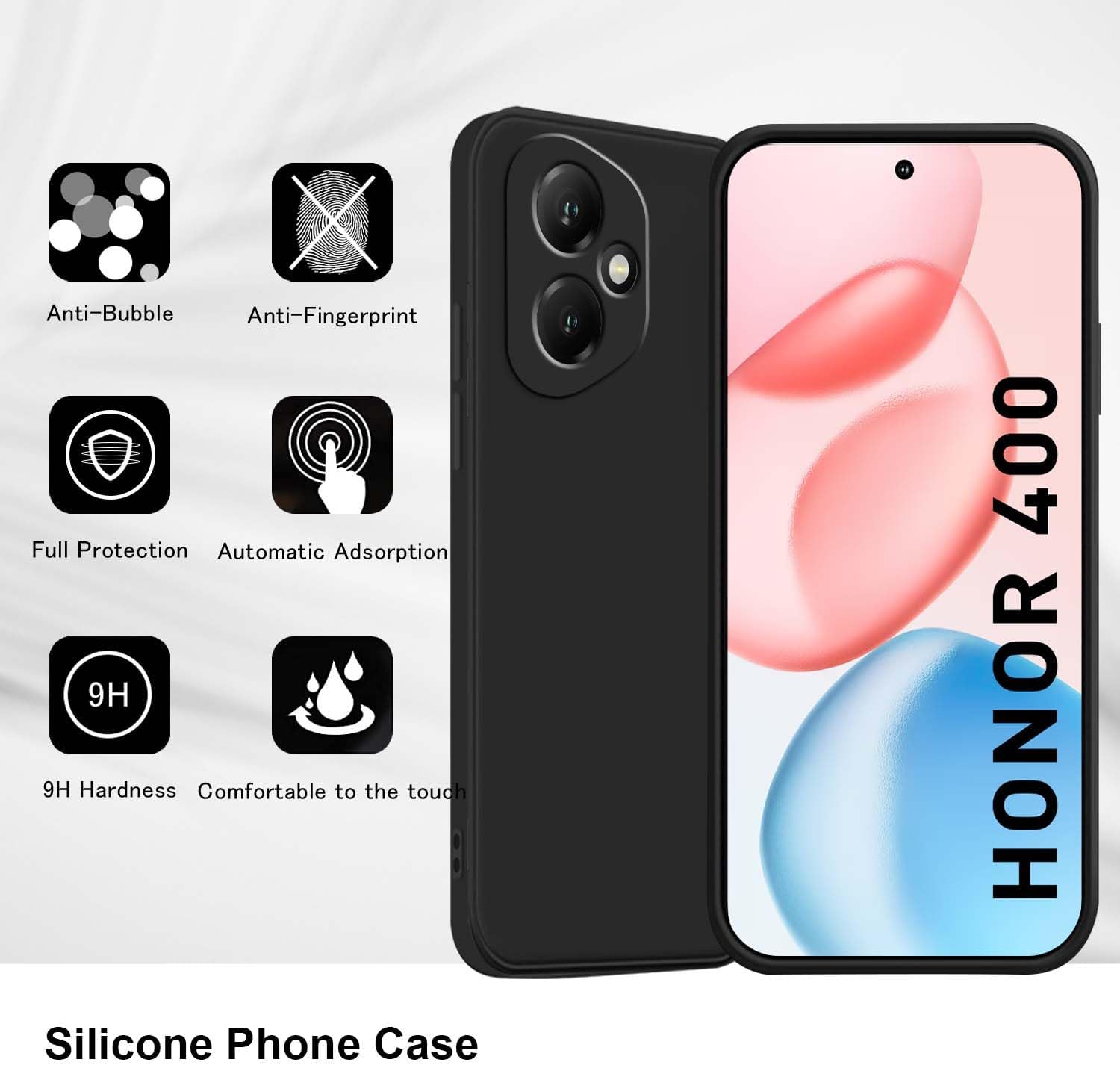Silicone Case for Honor 400 5G, Slim TPU Silicone Case Cover Soft Gel Scratch and Resistant Mobile Phone Cover – Black