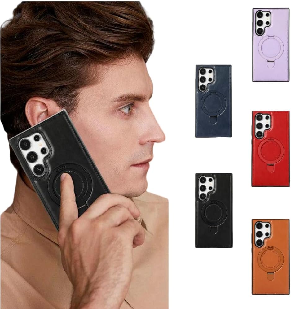 Leather Case Compatible with Samsung, Luxury Leather Case with Metal Magnetic Stand, Protective Cover for Samsung S23 Ultra Leather cases with Magsafe Stand