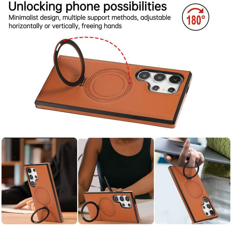 Leather Case Compatible with Samsung, Luxury Leather Case with Metal Magnetic Stand, Protective Cover for Samsung S23 Ultra Leather cases with Magsafe Stand