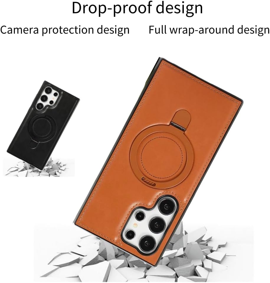 Leather Case Compatible with Samsung, Luxury Leather Case with Metal Magnetic Stand, Protective Cover for Samsung S23 Ultra Leather cases with Magsafe Stand