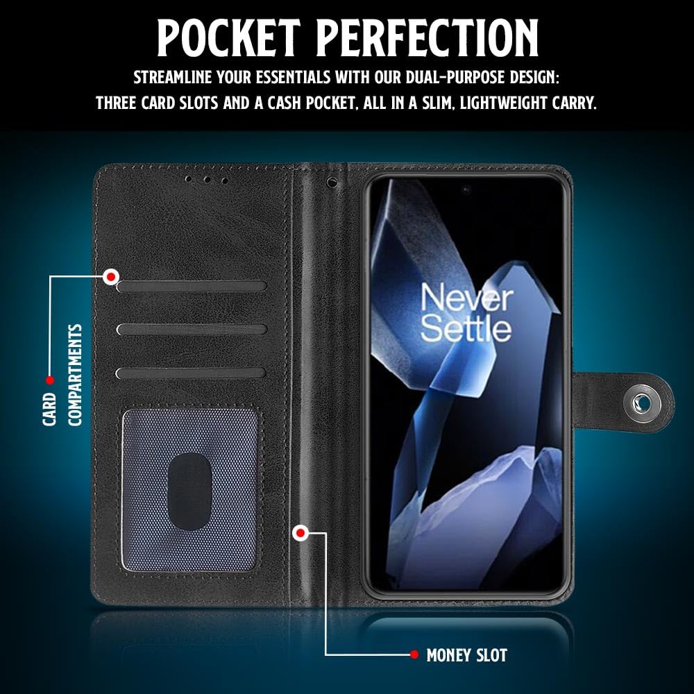 Shock Proof Flip Cover Back Case for 1+ OnePlus 13R 5G (Magnetic Button Flip Case | Wallet Pockets & Stand | Leather Finish