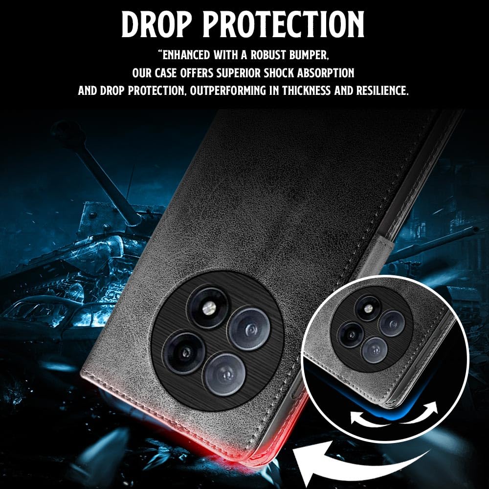 Shock Proof Flip Cover Back Case for 1+ OnePlus 13R 5G (Magnetic Button Flip Case | Wallet Pockets & Stand | Leather Finish