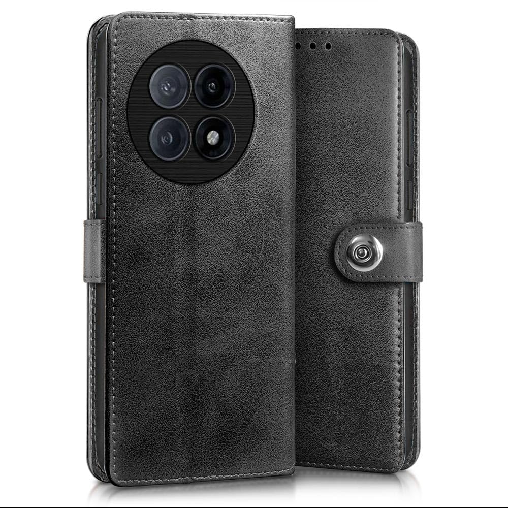 Shock Proof Flip Cover Back Case for 1+ OnePlus 13R 5G (Magnetic Button Flip Case | Wallet Pockets & Stand | Leather Finish