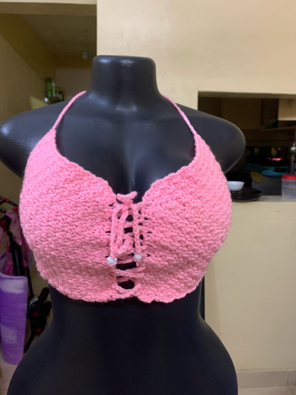 CROCHET DIAMOND BIKINI CROCHET TOP PINK XS-SMALL SIZE
