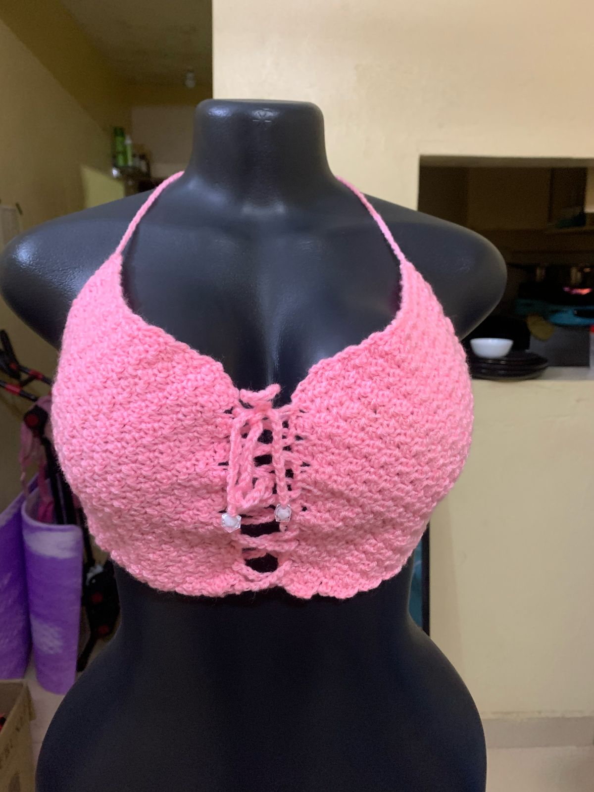 CROCHET DIAMOND BIKINI CROCHET TOP PINK XS-SMALL SIZE