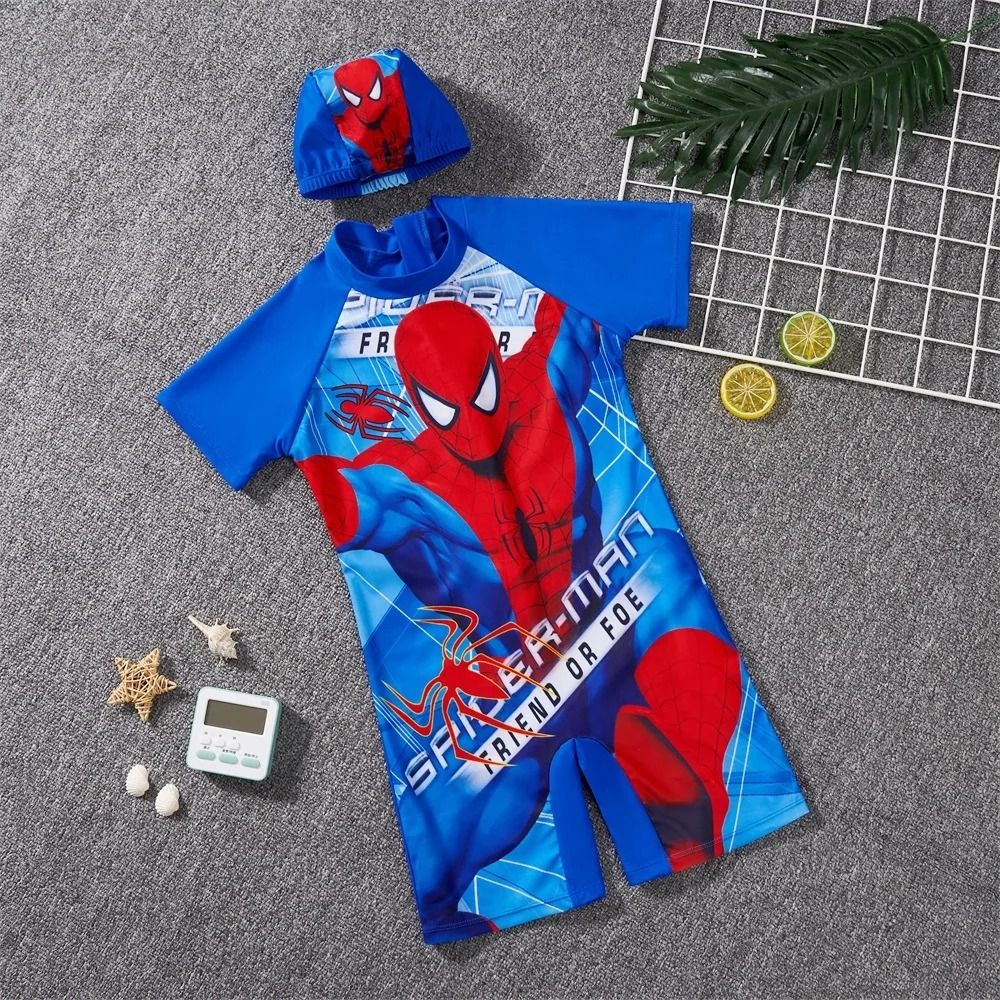 Baby Boy Swimsuit+Swimming Cap 2 Pcs Set Cartoon Iron Man Spiderman Frozen Elsa Print Children Beachwear