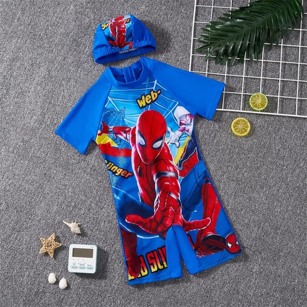 Baby Boy Swimsuit+Swimming Cap 2 Pcs Set Cartoon Iron Man Spiderman Frozen Elsa Print Children Beachwear